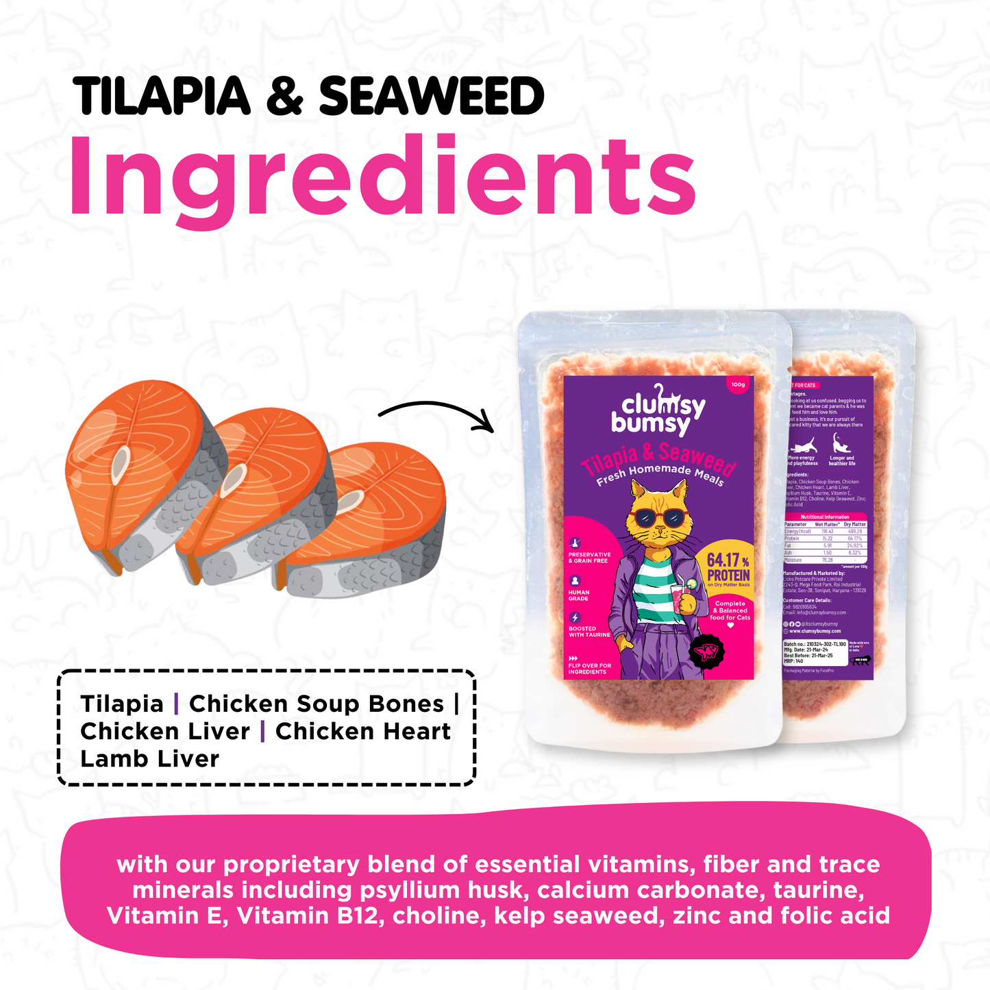 Tilapia & Seaweed Fresh Meals for Cats (100g)
